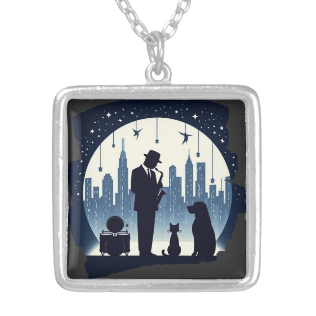 Cat, dog, Jazz  Silver Plated Necklace (Front)