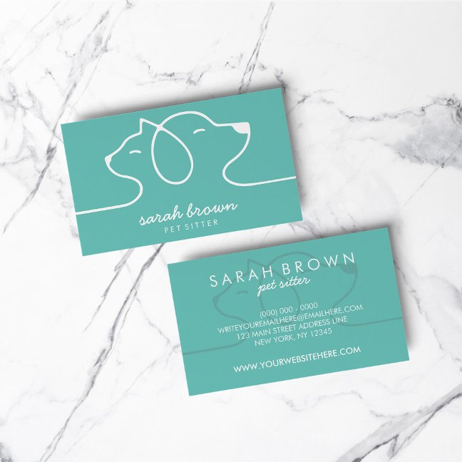 Cat Dog Line Logo Petsitter Green Business Card