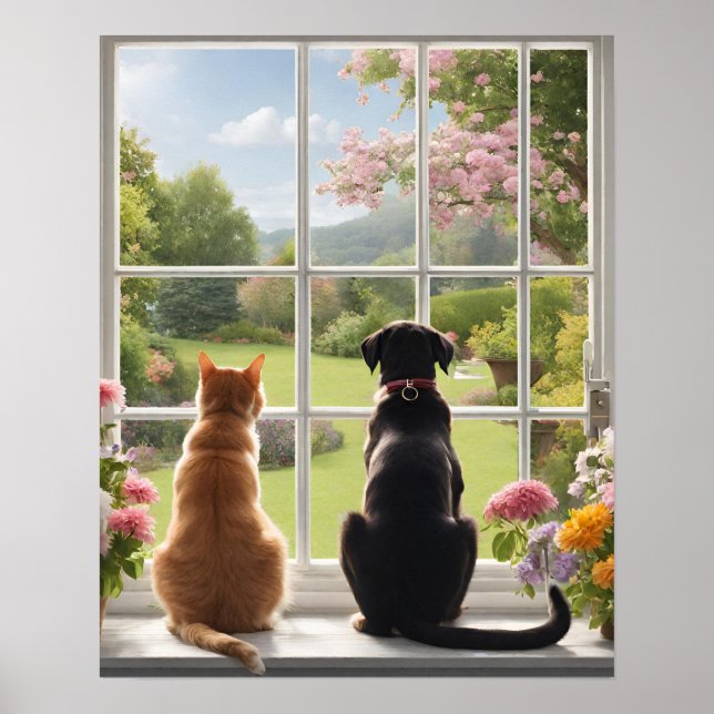 Cat Dog Looking out the Window Poster (Front)