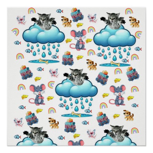 Cat Dog Mice Rainbow Cheese Poster