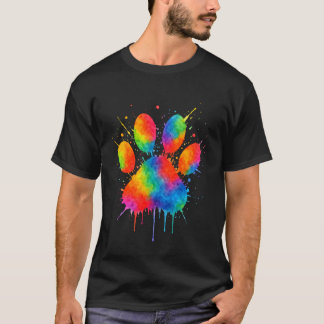 Cat Dog Paw Print Aesthetic Rainbow Watercolor Art T-Shirt