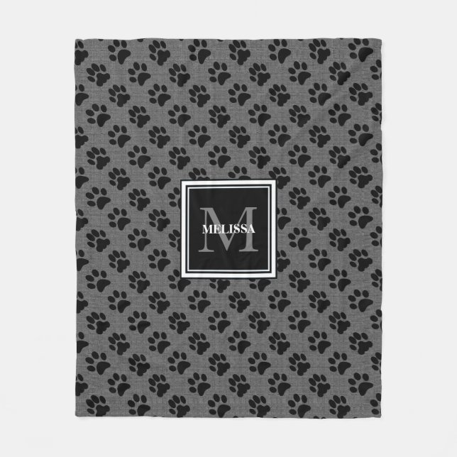 Cat dog paws gray burlap family monogram name fleece blanket (Front)