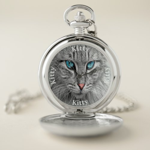 Cat dog pet photo name white text pocket watch