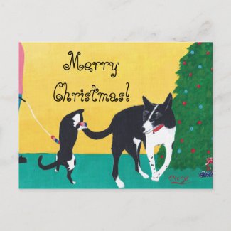 Cat Dog Playing by Tree Merry Christmas Postcards