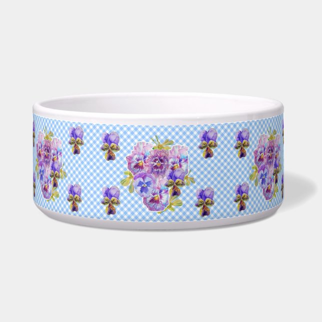 Cat Dog Shabby Floral Blue gingham Cute Pet Name  Bowl (Front)