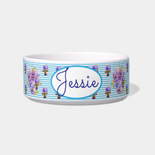 Cat Dog Shabby Floral Pansy Blue Pet Name Bowl