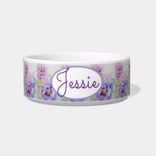Cat Dog Shabby Floral Pansy Pansies Pet Name Bowl