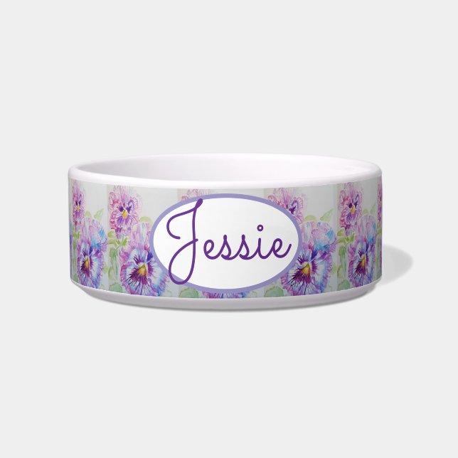 Cat Dog Shabby Floral Pansy Pansies Pet Name Bowl (Front)