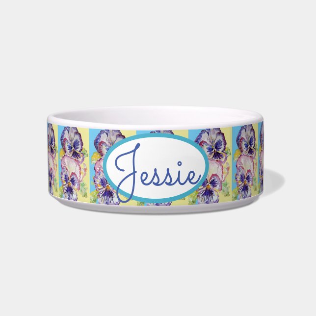 Cat Dog Shabby Floral Pansy Pansies Pet Name Bowl (Front)