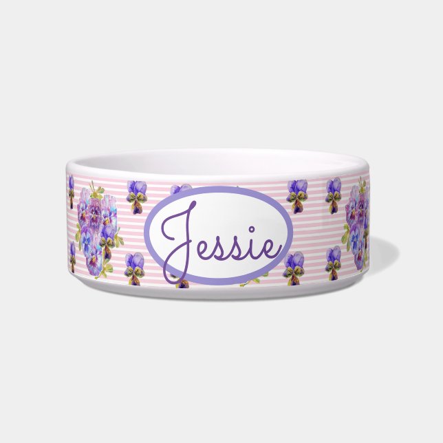 Cat Dog Shabby Floral Pastel Pink Cute Pet Name Bowl (Front)