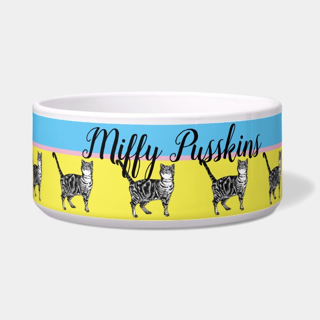 Cat Dog Shabby Floral Pastel Yellow Cute Pet Name  Bowl (Front)