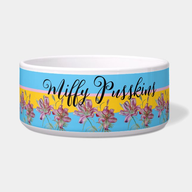 Cat Dog Shabby Floral Pink Lily Cute Pet Name  Bowl (Front)