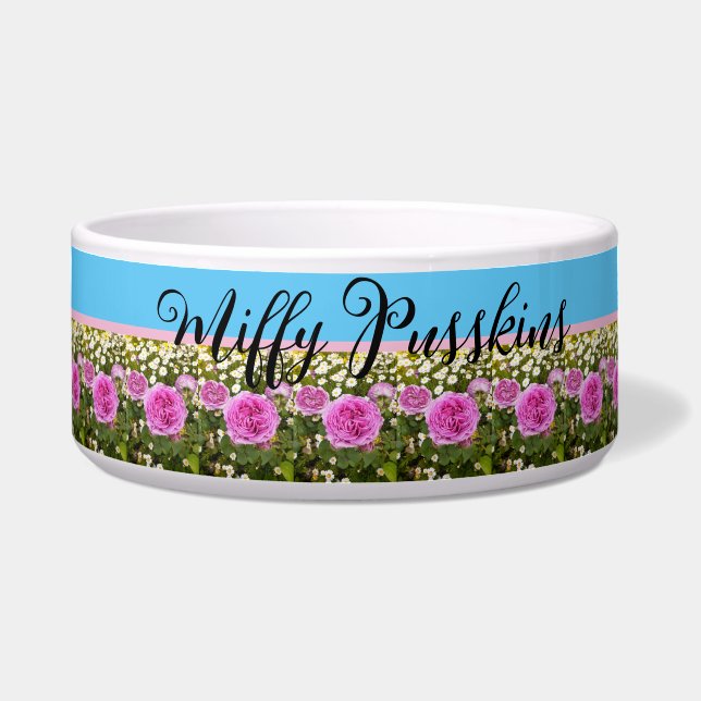 Cat Dog Shabby Floral Pink Rose Pet Name  Bowl (Front)