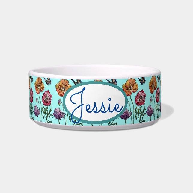 Cat Dog Shabby Floral Poppies Poppy Cute Pet Name Bowl (Front)