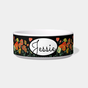 Cat Dog Shabby Floral Poppy Poppies Pet Name Bowl
