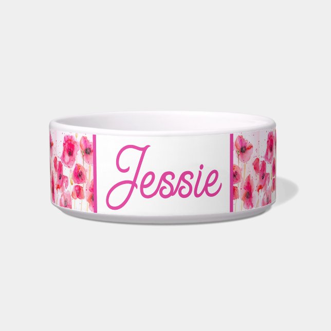 Cat Dog Shabby Floral Poppy Poppies Pet Name Bowl (Front)