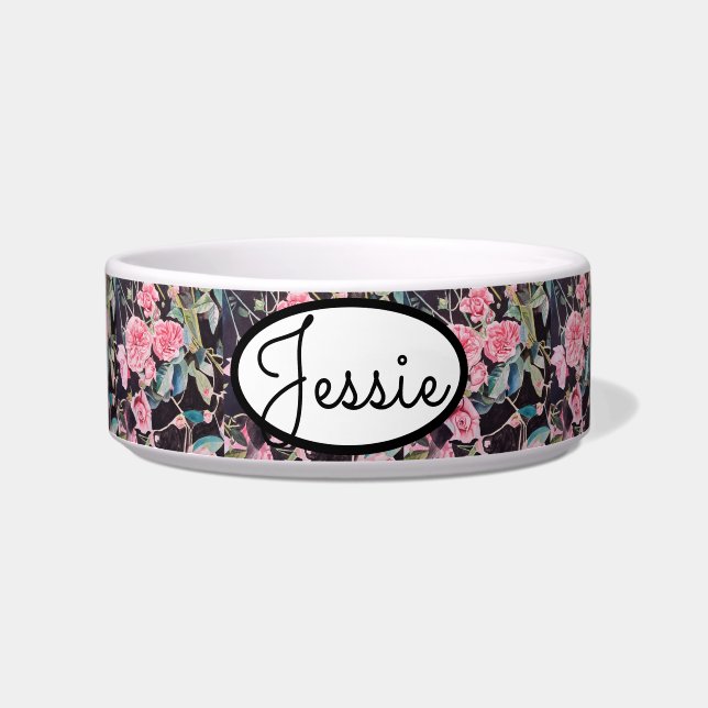 Cat Dog Shabby Floral Rose Roses Pink Pet Name Bowl (Front)