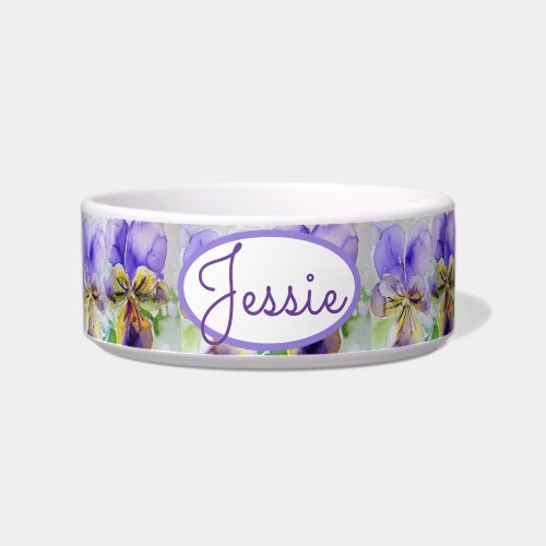 Cat Dog Shabby Floral Viola Flower Purple Pet Name Bowl