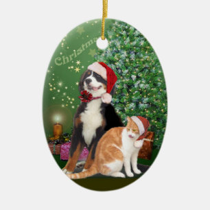 Cat & Dog with Santa Hats Ceramic Ornament