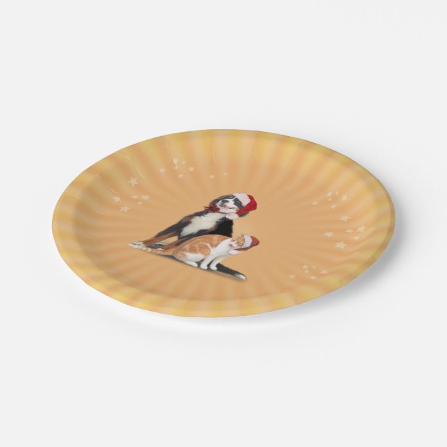 Cat & Dog with Santa Hats Paper Plates (Angled)