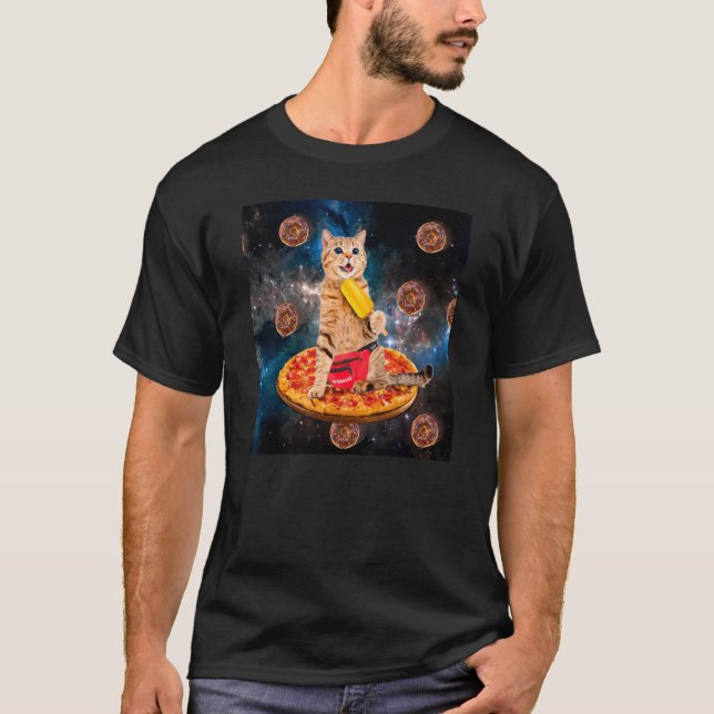 Cat Donut Riding Pizza Eating Ice Cream Galaxy Spa T-Shirt (Front)