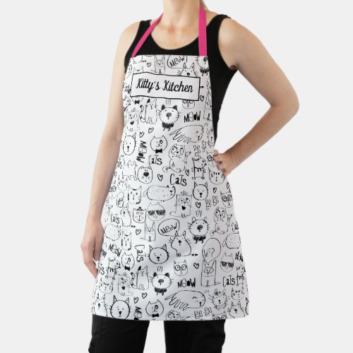 Cat Doodles Funny Black and White Kitties Pattern Apron