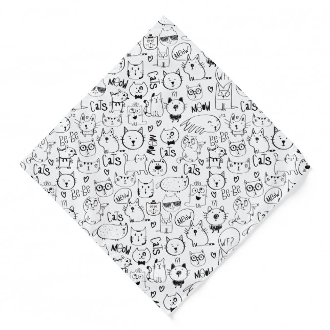 Cat Doodles, Funny Black and White Kitties Pattern Bandana (Front)