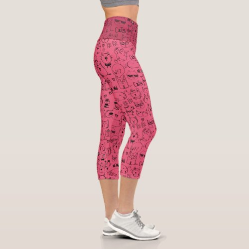 Cat Doodles Funny Kitty Pattern on Magenta Capri Leggings