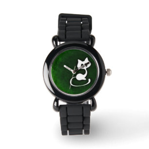 Cat draw on green background watch