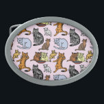 Cat Drawing Cute Vintage Pattern Oval Belt Buckle<br><div class="desc">This cute cat pattern belt buckle shows eight different cats and kittens in various poses, all colored in shades of orange, grey, blue, brown and cream. Two cats sit in front of a bowl. One lounges. One sits and stares. One licks its paw. And the other three are playing. All...</div>