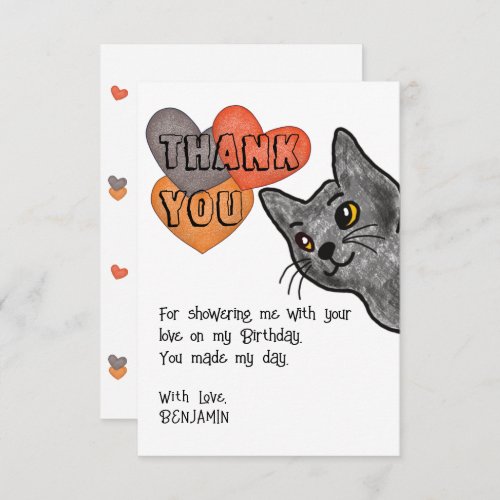 Cat Drawing Kids Birthday Party Thank You Card