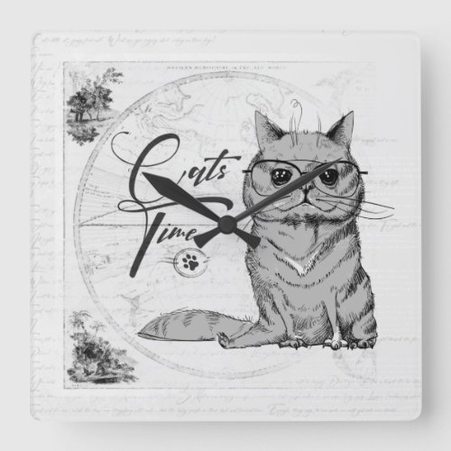 Cat drawing old classic vintage look light gray  square wall clock