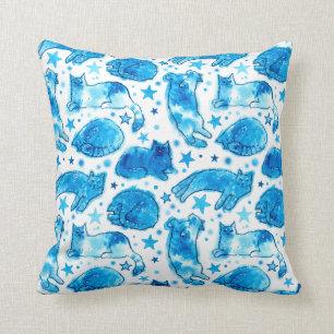 Cat Dream Stars Watercolor Cats Pattern Blue White Throw Pillow