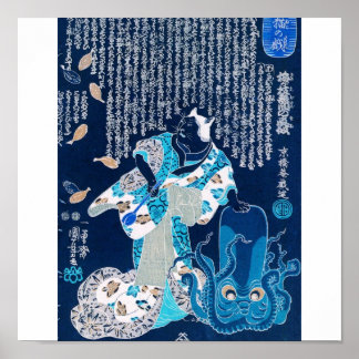 Cat dressed as a woman and octopus c. 1800's poster