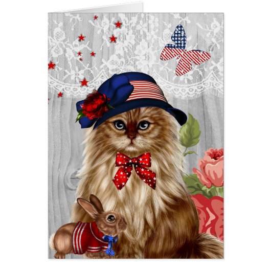 Cat dressed in Red White and Blue Patriotic Hat Cards (Front)