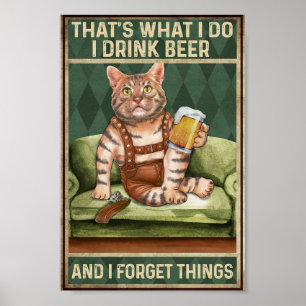 Cat drink beer vintage poster