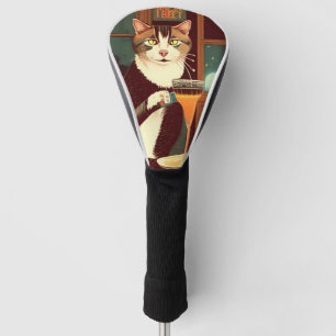 Cat drinking beer on bar golf head cover