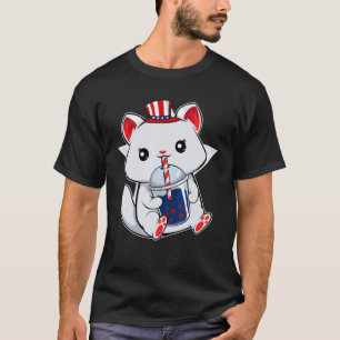 Cat Drinking Boba 4Th Of July Kawaii Kitten Americ T-Shirt