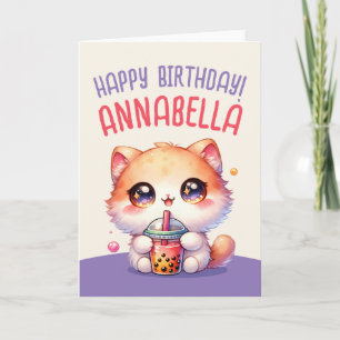 Cat Drinking Boba Cute Bubble Tea Birthday Card