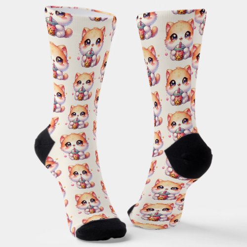 Cat Drinking Boba Cute Bubble Tea Socks