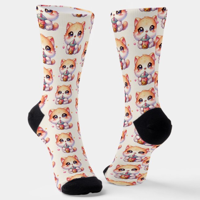 Cat Drinking Boba Cute Bubble Tea Socks (Angled)
