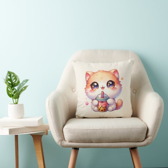 Cat Drinking Boba Cute Bubble Tea Throw Pillow (Chair)