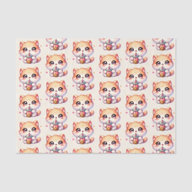Cat Drinking Boba Cute Bubble Tea Tissue Paper (Front)