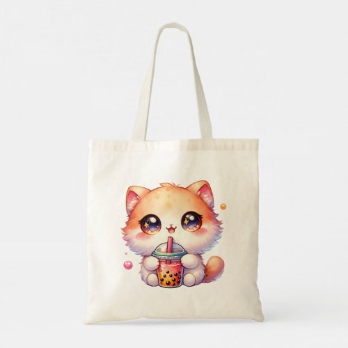 Cat Drinking Boba Cute Bubble Tea Tote Bag