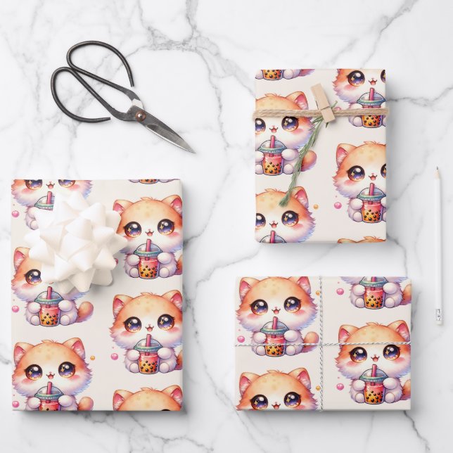 Cat Drinking Boba Cute Bubble Tea Wrapping Paper Sheets (Front)