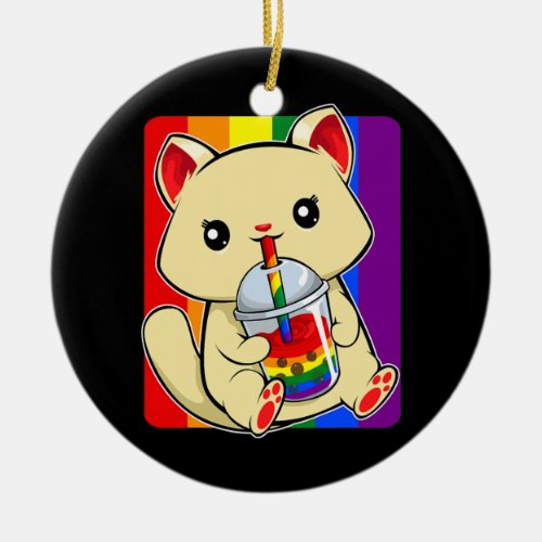 Cat Drinking Boba LGBT Q Cute Kawaii KittenGay Ceramic Ornament