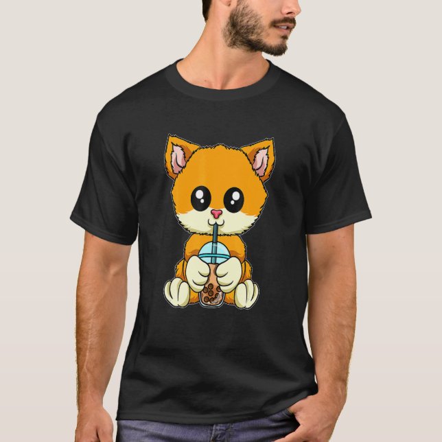 Cat Drinking Bubble Ea Cute Animals With Boba Ea T-Shirt (Front)