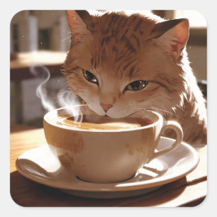 Cat drinking coffee from a cup square sticker