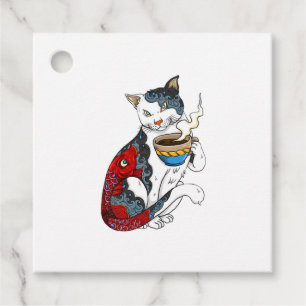 Cat Drinking Coffee With Fish Tattoo Cat & Coffee Favor Tags