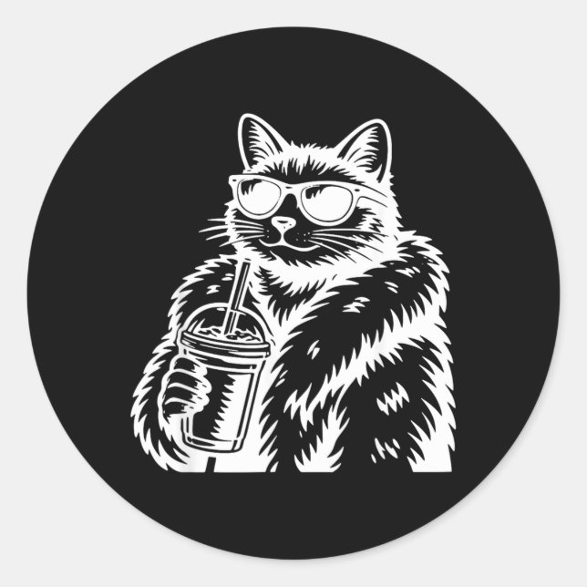 Cat Drinking Iced Coffee Funny Animal Meme Classic Round Sticker (Front)